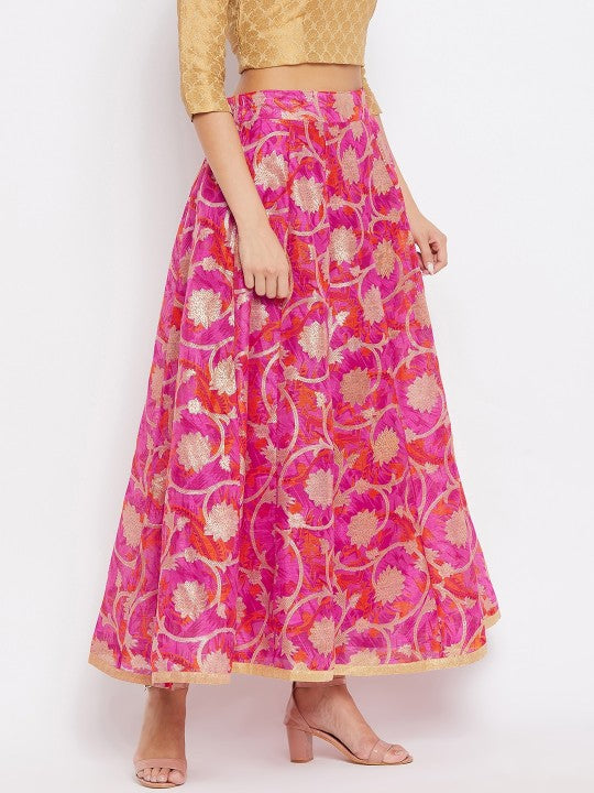 Women Magenta & Gold Floral Printed Maxi Length Flared Skirt-3