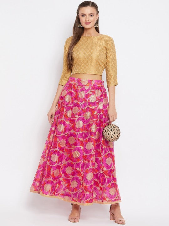 Women Magenta & Gold Floral Printed Maxi Length Flared Skirt-6