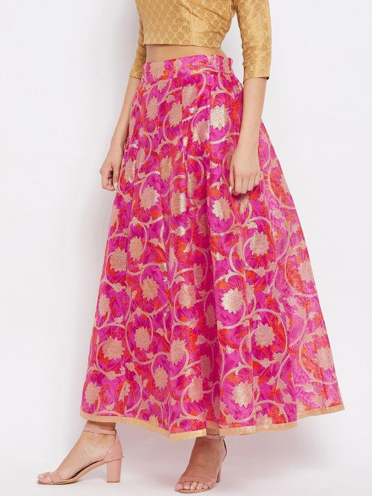 Women Magenta & Gold Floral Printed Maxi Length Flared Skirt-4