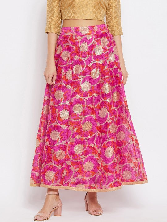Women Magenta & Gold Floral Printed Maxi Length Flared Skirt-1
