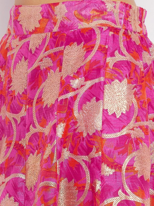 Women Magenta & Gold Floral Printed Maxi Length Flared Skirt-5