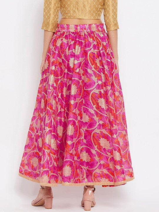 Women Magenta & Gold Floral Printed Maxi Length Flared Skirt-2