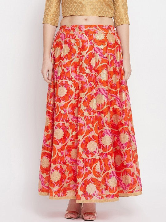 Women Magenta & Gold Floral Printed Maxi Length Flared Skirt-7