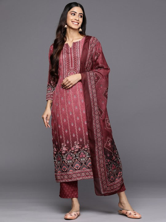 Women Maroon Floral Printed Kurta with Trousers & With Dupatta-2