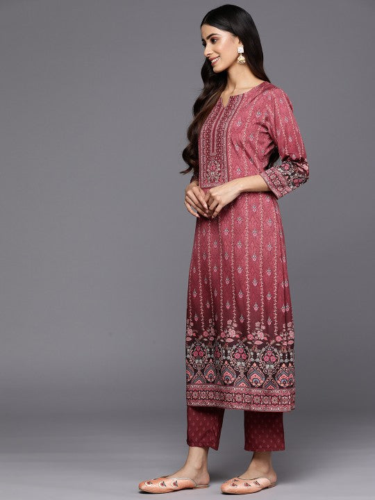 Women Maroon Floral Printed Kurta with Trousers & With Dupatta-4