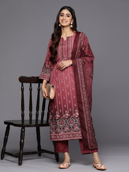 Women Maroon Floral Printed Kurta with Trousers & With Dupatta-1