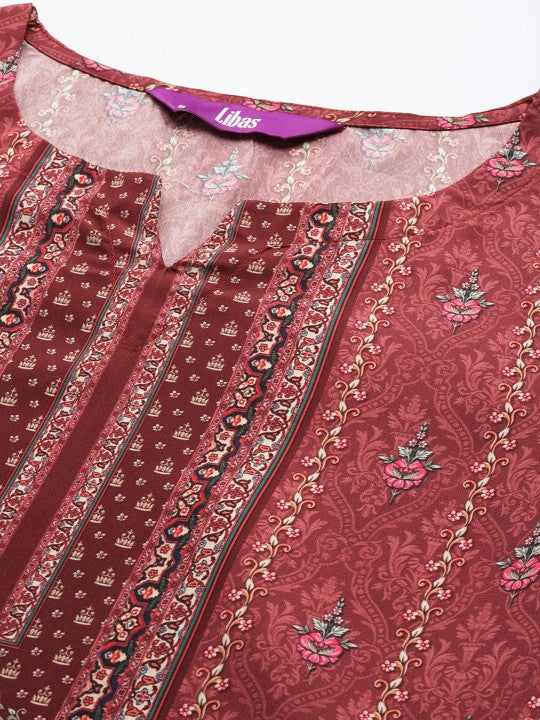 Women Maroon Floral Printed Kurta with Trousers & With Dupatta-5