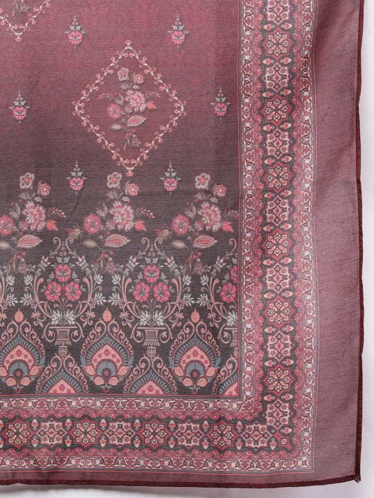 Women Maroon Floral Printed Kurta with Trousers & With Dupatta-7
