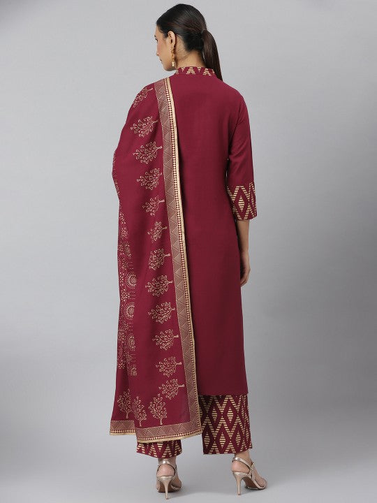 Women Maroon Solid Kurta with Trousers & Dupatta-2