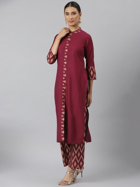 Women Maroon Solid Kurta with Trousers & Dupatta-3