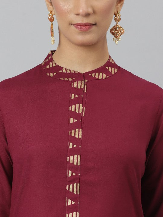 Women Maroon Solid Kurta with Trousers & Dupatta
