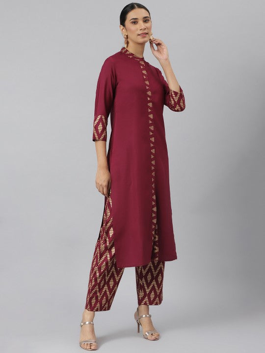 Women Maroon Solid Kurta with Trousers & Dupatta-4