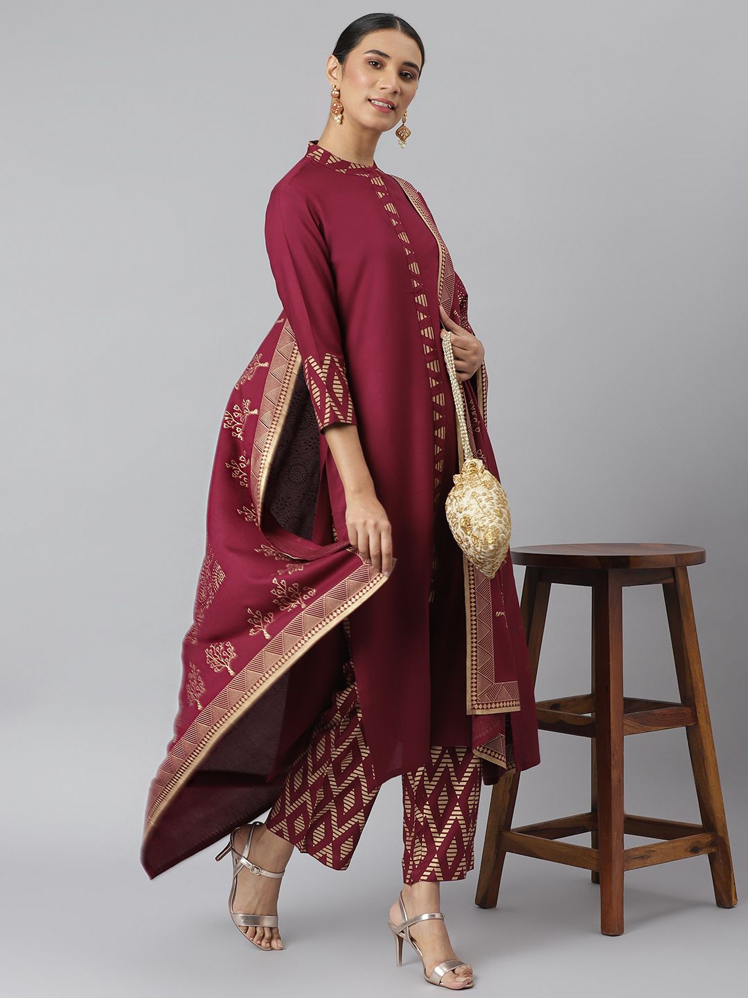 Women Maroon Solid Kurta with Trousers & Dupatta-1