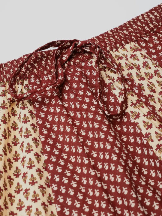 Women Maroon & Beige Printed Flared Maxi Skirt-4