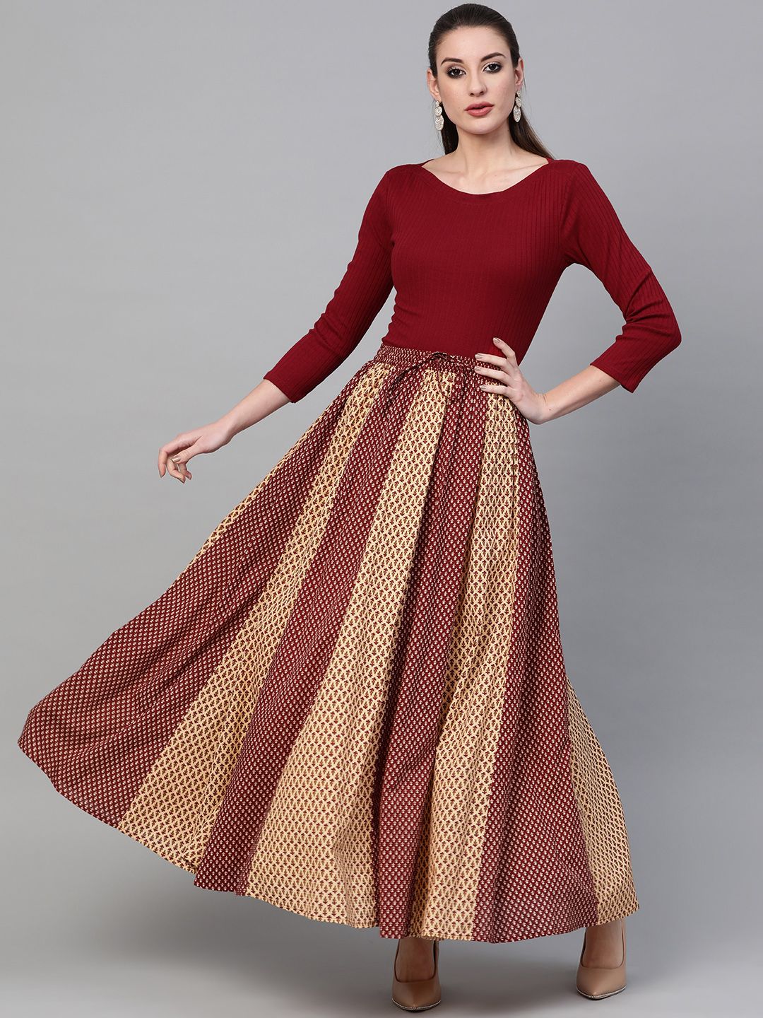Women Maroon & Beige Printed Flared Maxi Skirt