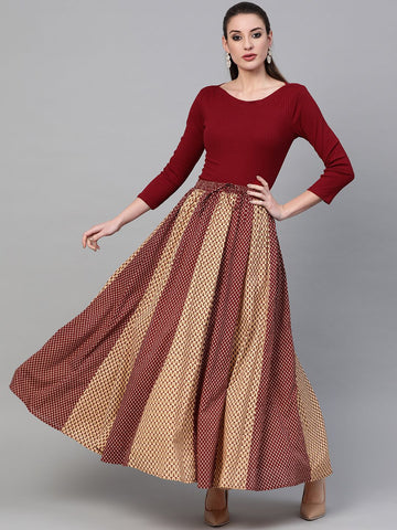 Women Maroon & Beige Printed Flared Maxi Skirt