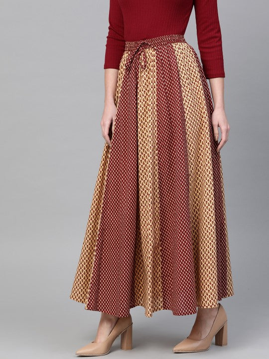 Women Maroon & Beige Printed Flared Maxi Skirt-3