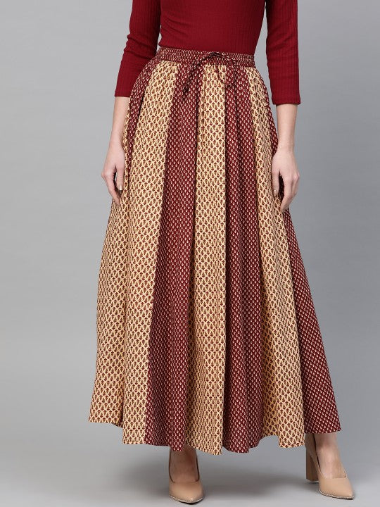 Women Maroon & Beige Printed Flared Maxi Skirt-1