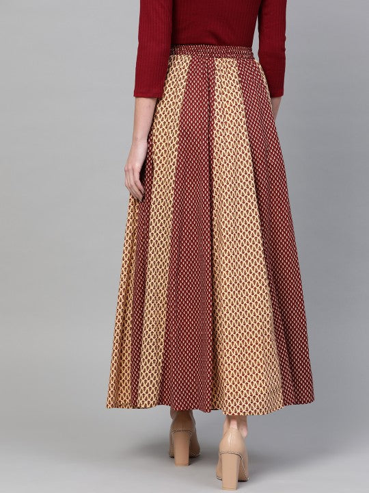 Women Maroon & Beige Printed Flared Maxi Skirt-2