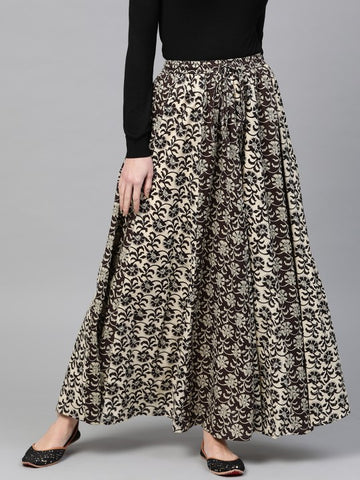 Women Maroon & Beige Printed Flared Maxi Skirt