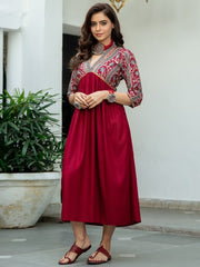 Women Maroon & Grey Printed A-Line Dress