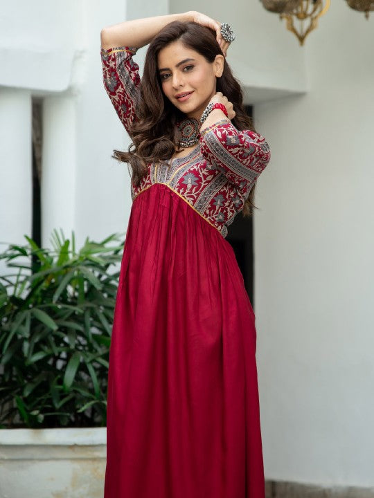 Women Maroon & Grey Printed A-Line Dress-3