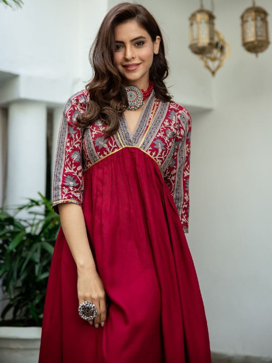 Women Maroon & Grey Printed A-Line Dress-4