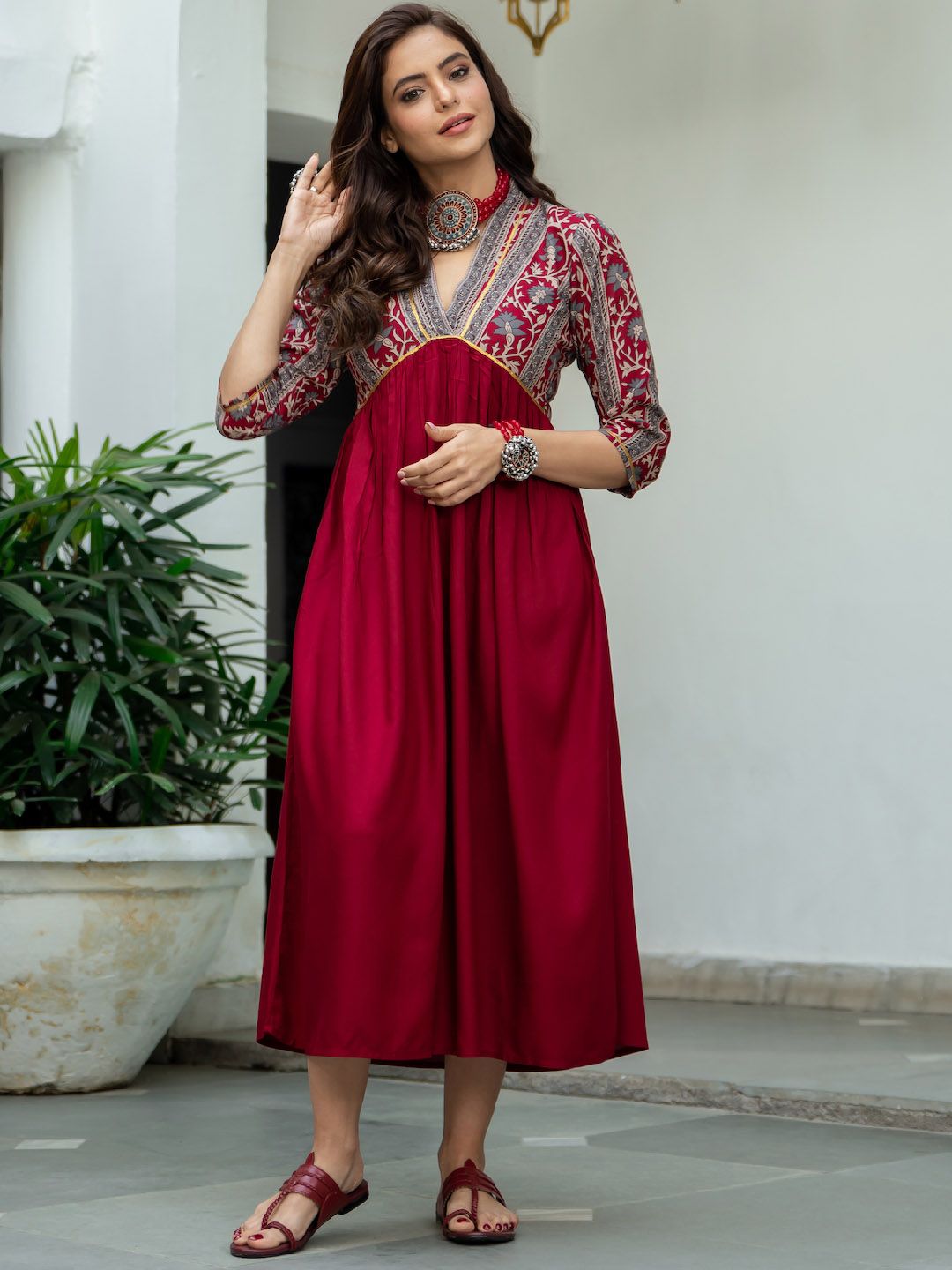 Women Maroon & Grey Printed A-Line Dress-1