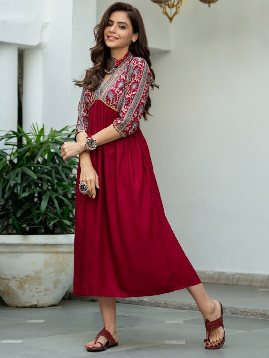 Women Maroon & Grey Printed A-Line Dress