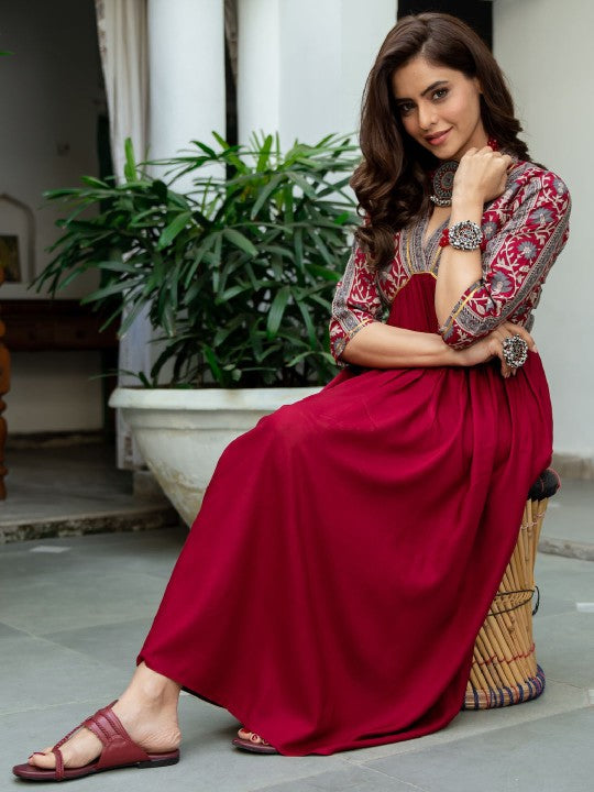 Women Maroon & Grey Printed A-Line Dress