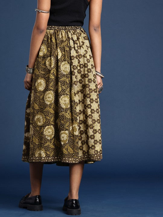 Women Pure Cotton Floral Printed Bagru Flared Midi Skirt-2