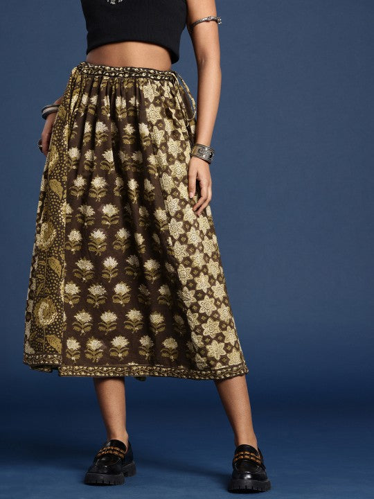 Women Pure Cotton Floral Printed Bagru Flared Midi Skirt-3