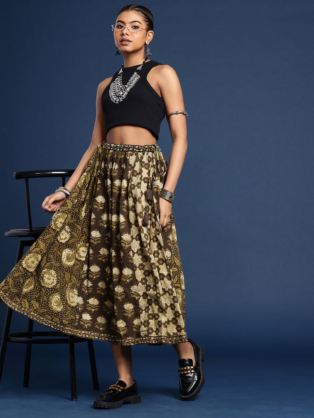 Women Pure Cotton Floral Printed Bagru Flared Midi Skirt