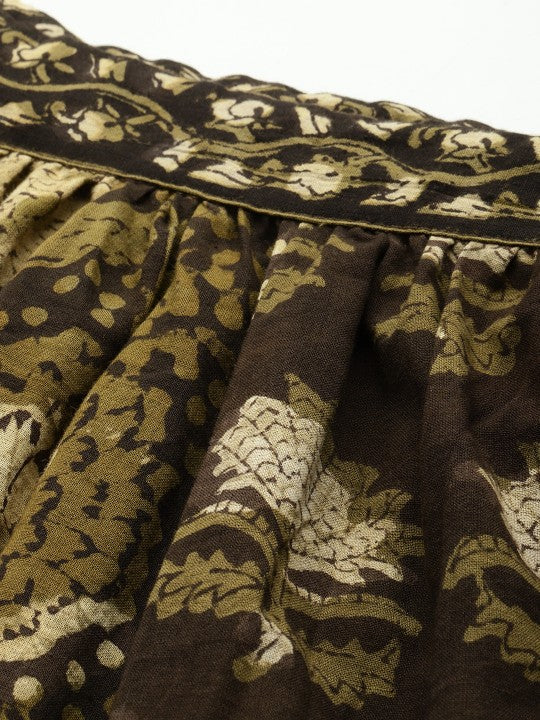 Women Pure Cotton Floral Printed Bagru Flared Midi Skirt