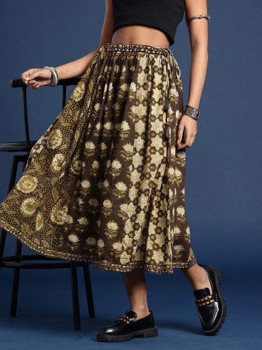 Women Pure Cotton Floral Printed Bagru Flared Midi Skirt-1