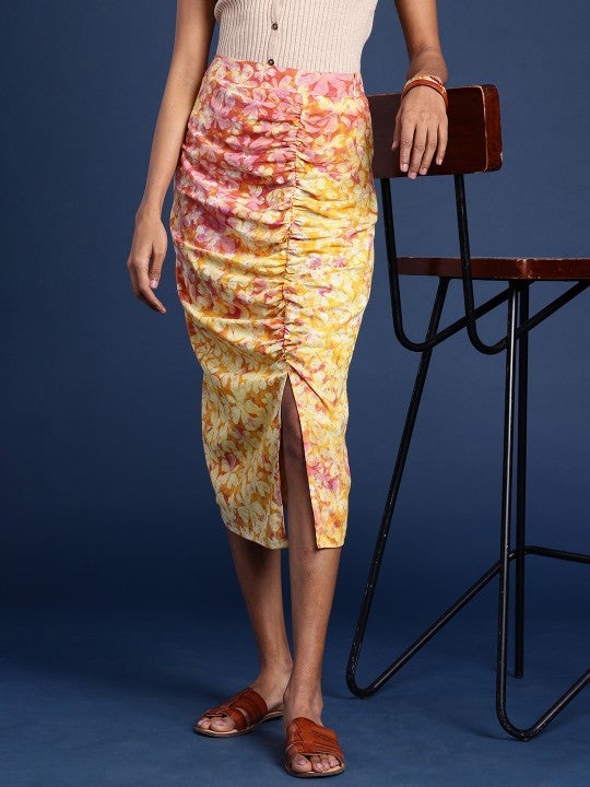 Women Pure Cotton Ruched Detail Rangeen Dabu Pencil Skirt-1