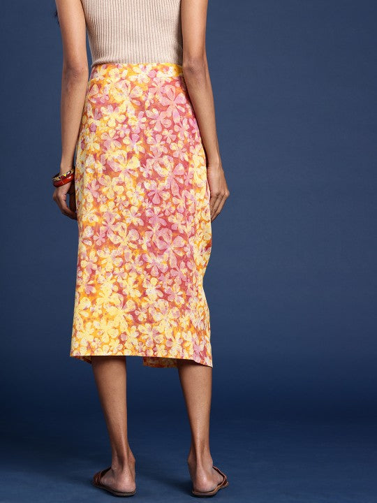 Women Pure Cotton Ruched Detail Rangeen Dabu Pencil Skirt-2