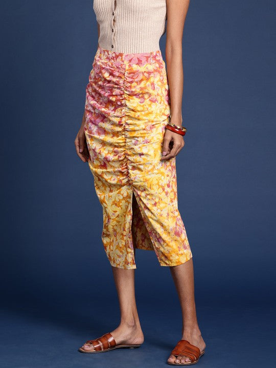 Women Pure Cotton Ruched Detail Rangeen Dabu Pencil Skirt-3