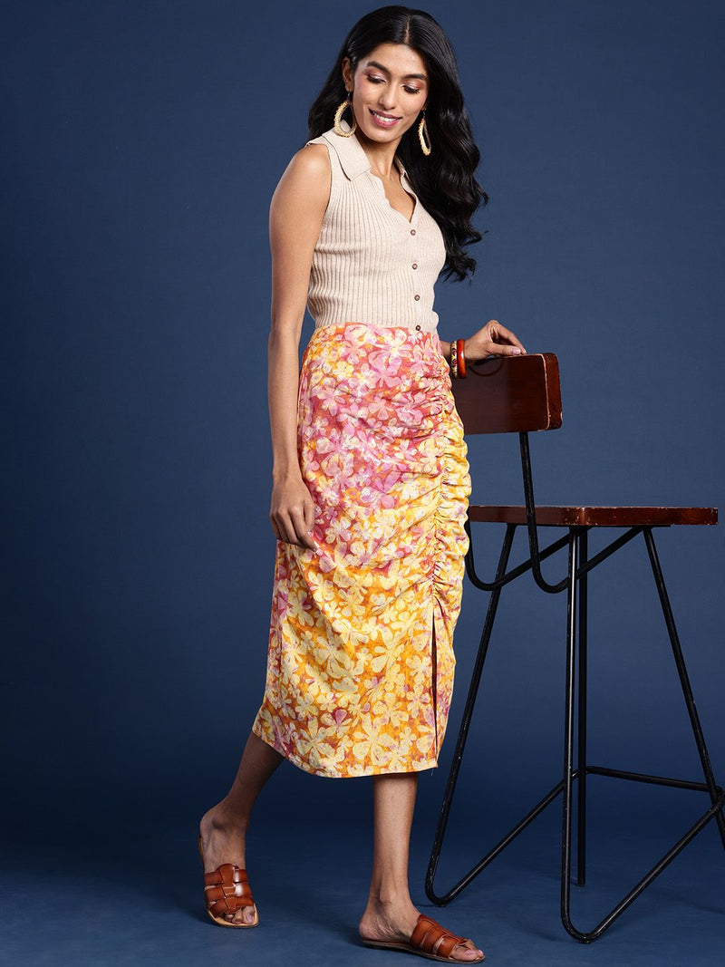 Women Pure Cotton Ruched Detail Rangeen Dabu Pencil Skirt-6