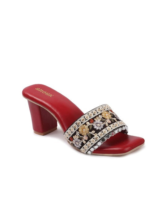 Women Textured Ethnic Bolck Heels Sandals-5
