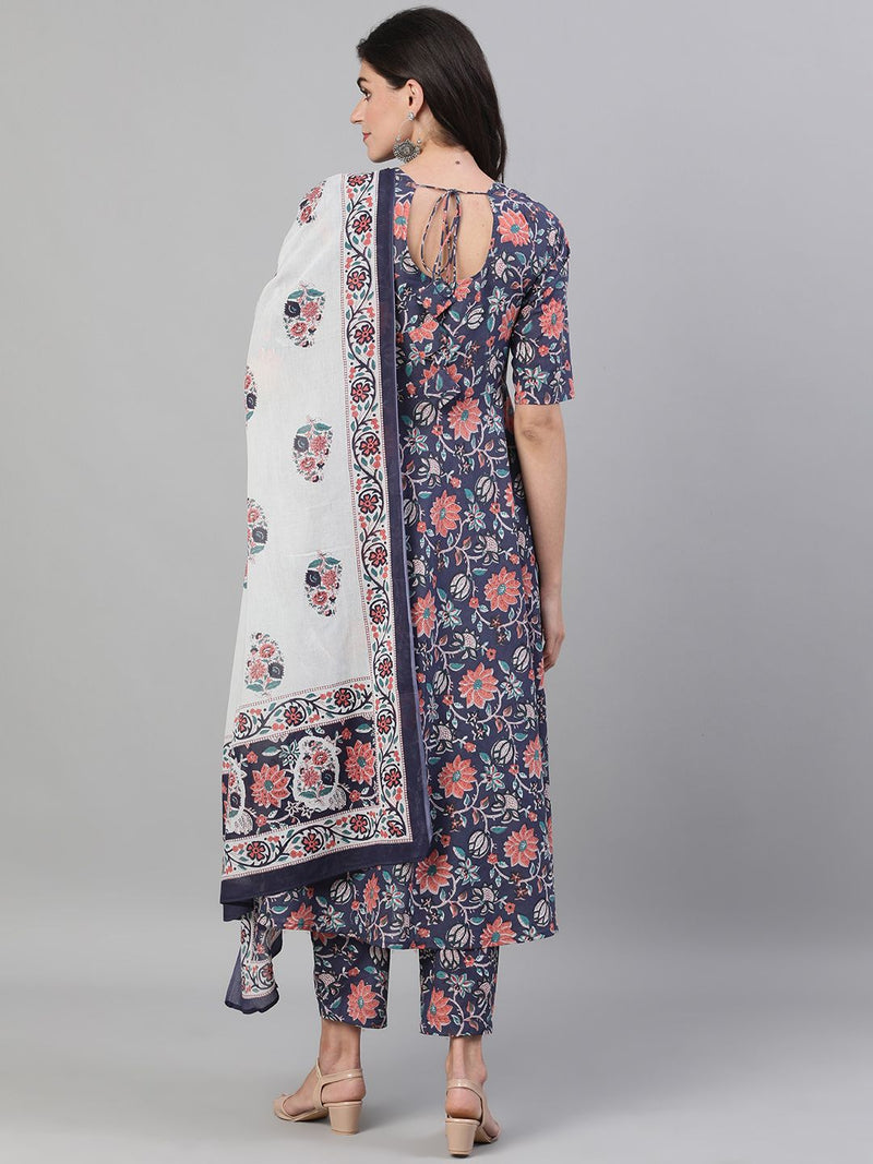 Women Red Floral Printed Kurta With Trouser & Dupatta-2