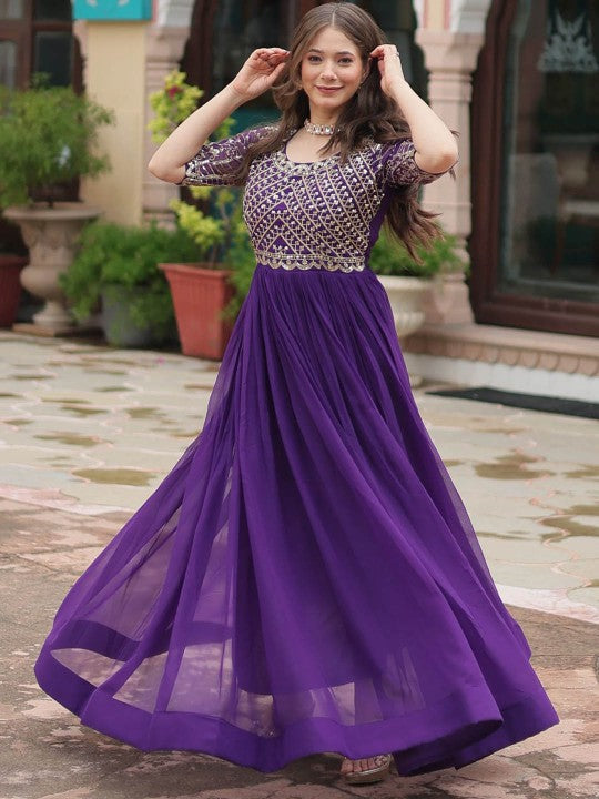Women Embroidered Round Neck Maxi Ethnic Dresses-8
