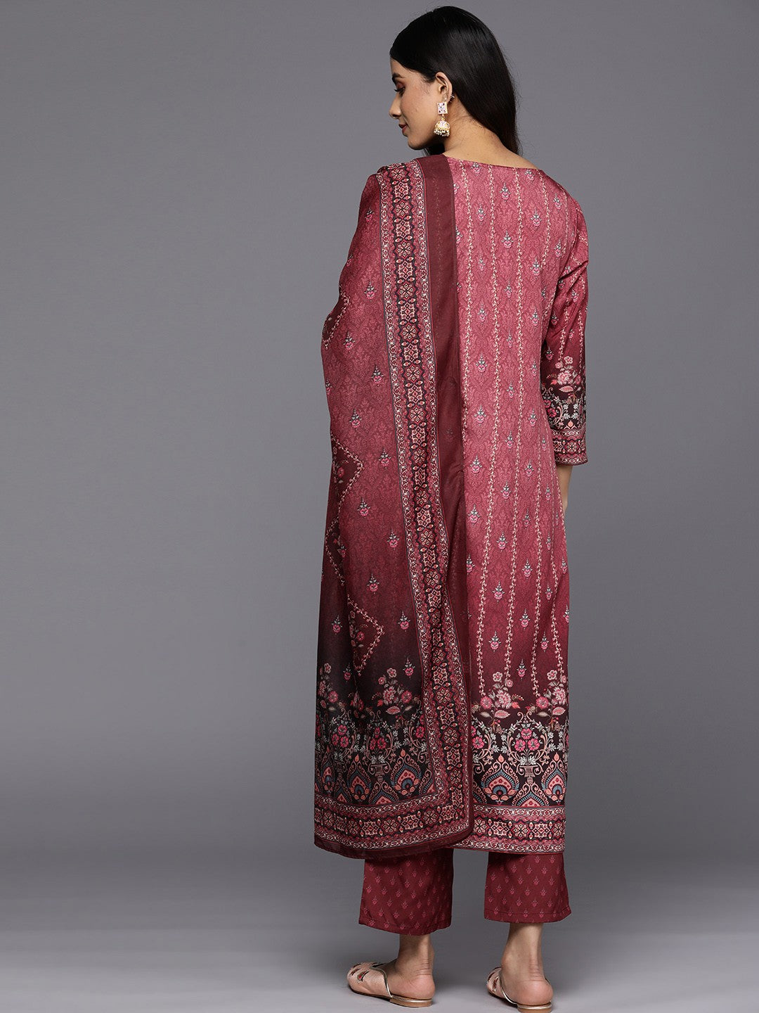 Women Maroon Floral Printed Kurta with Trousers & With Dupatta-3