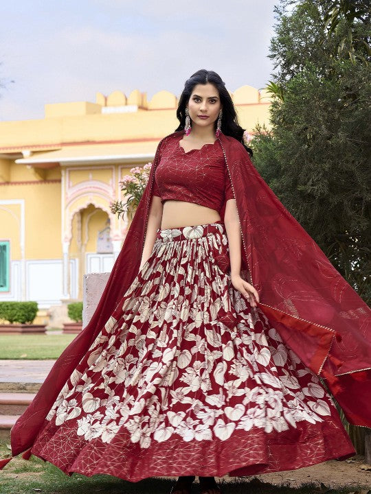 Green Color Floral Print With Foil Work Tussar Silk Lehenga Choli-7