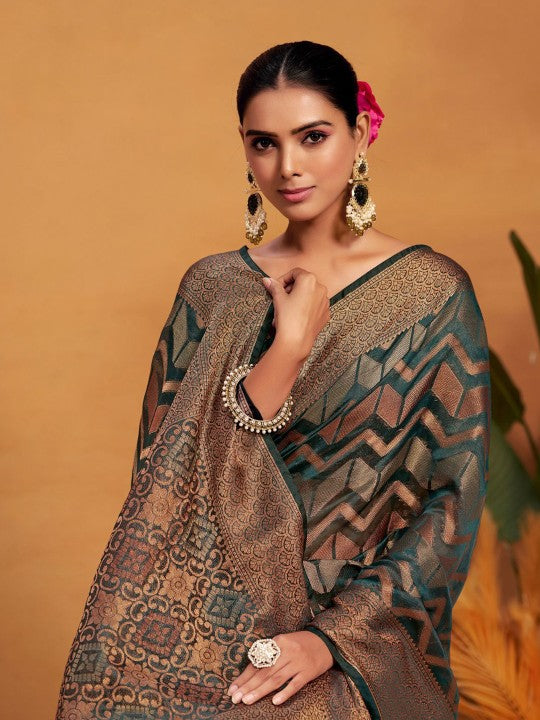 Woven Banarasi Organza Silk Saree with Blouse Piece-6