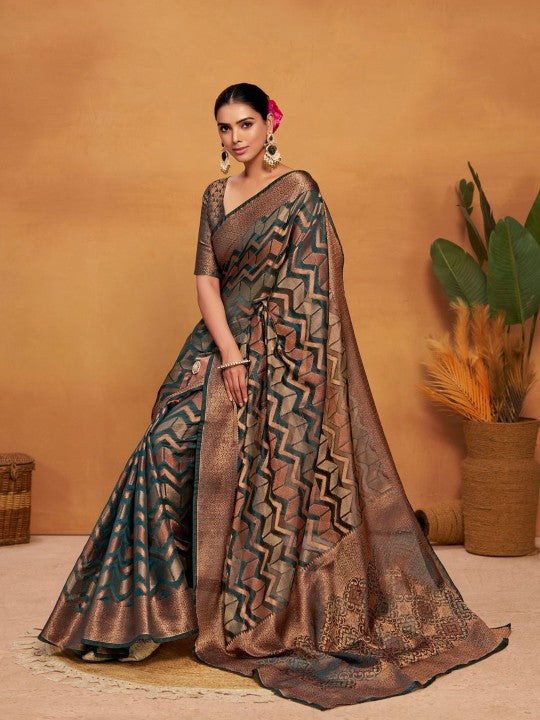 Woven Banarasi Organza Silk Saree with Blouse Piece-3