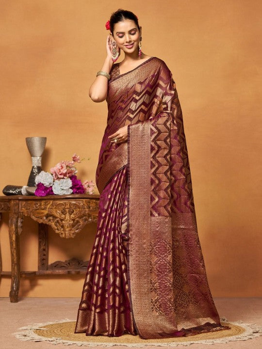 Woven Banarasi Organza Silk Saree with Blouse Piece-7