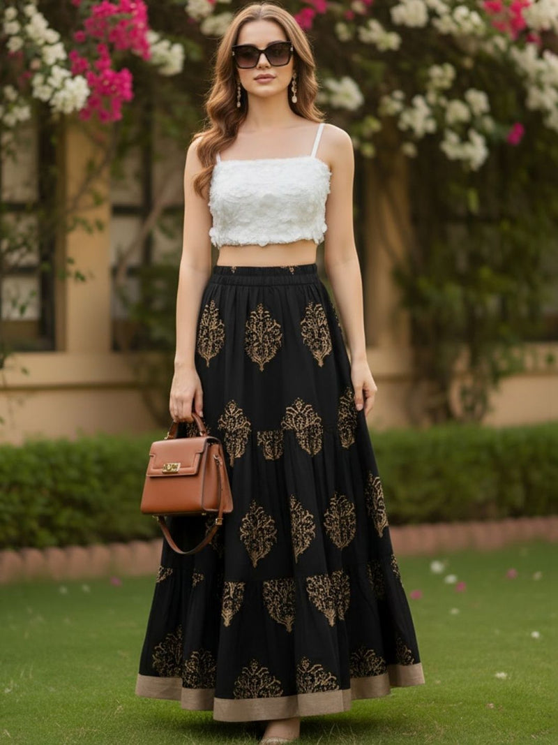 Printed Pure Cotton Maxi Flared Skirts-1
