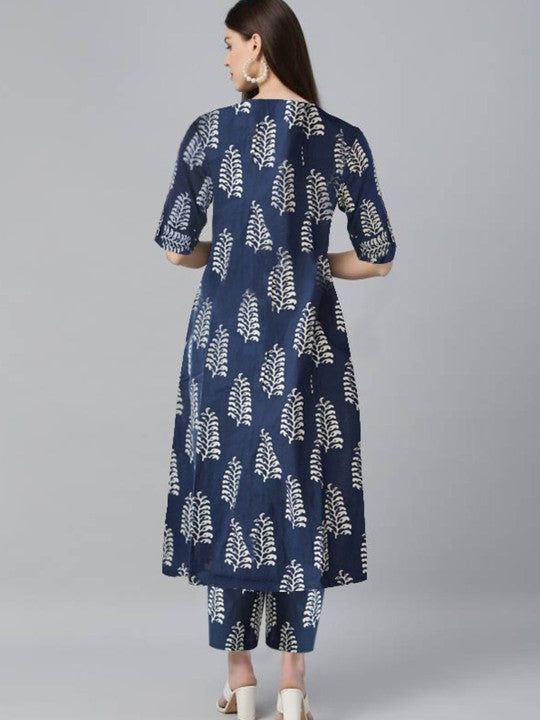 Floral Printed Mandarin Collar A-Line Kurta With Trousers-4