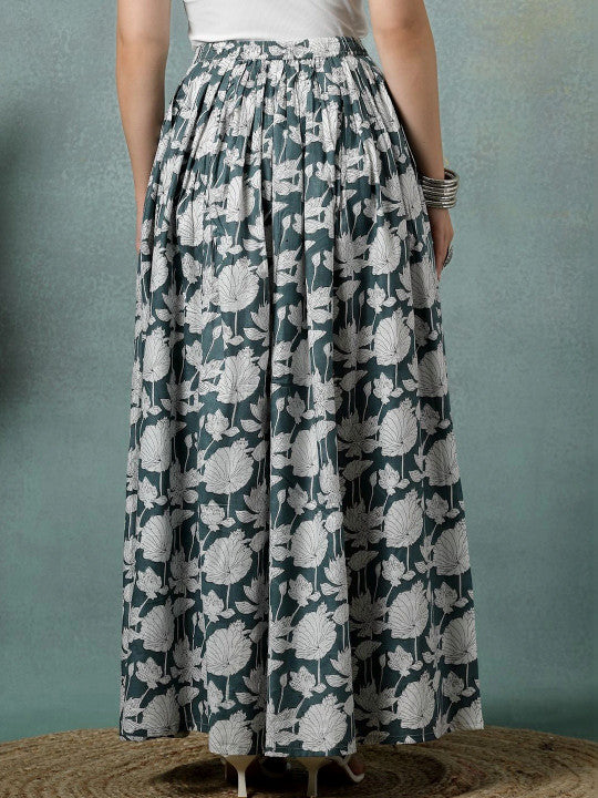 Women Pure Cotton Blend Cotton Cambric Floral Maxi Flared Skirt-2